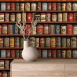Carta da parati commerciale modello Tea design scaffali con lattine vintage toni rosso e oro