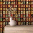 Commercial wallpaper model Tea vintage tins shelves design orange and gold tones