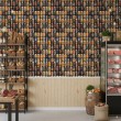 Papel pintado comercial modelo Cans diseño estantes con latas metálicas vintage tonos azul y oro