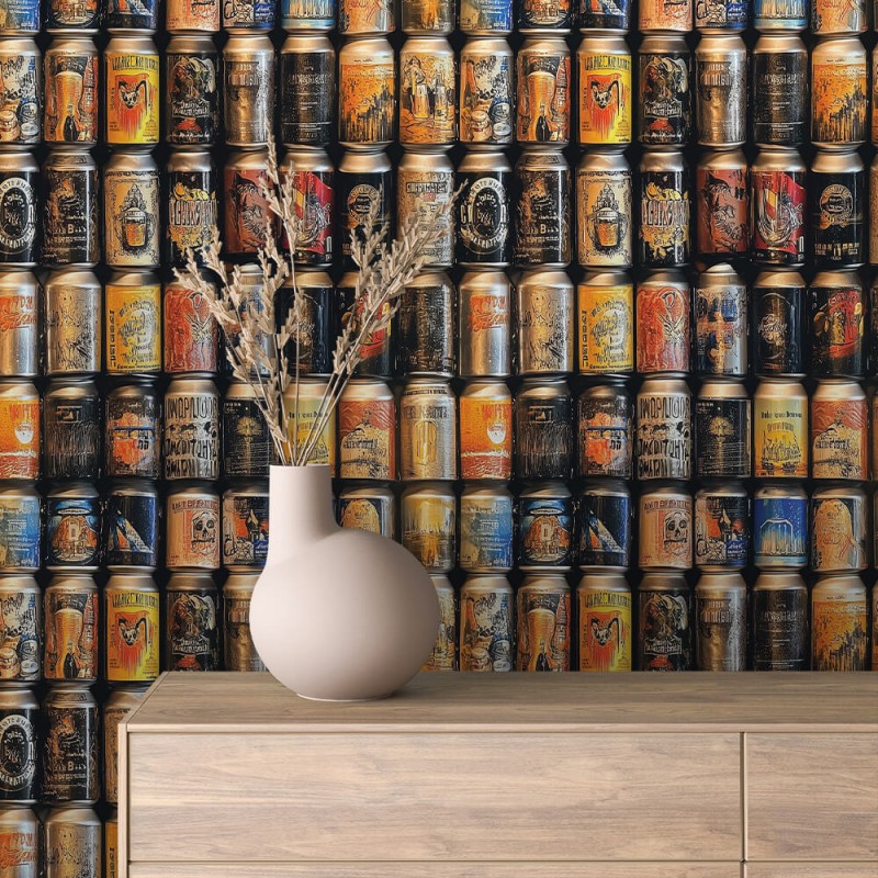 Papel pintado comercial modelo Cans diseño estantes con latas metálicas vintage tonos azul y oro