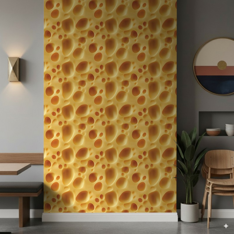 Commercial wallpaper model Cheese Swiss cheese texture design yellow gold and amber tones
