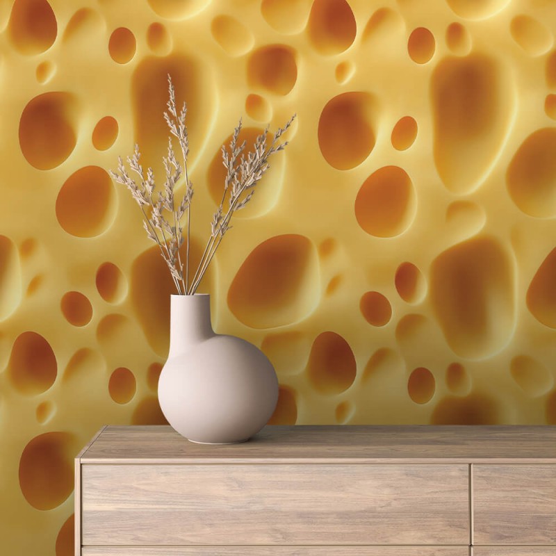Papel pintado comercial modelo Cheese diseño textura de queso suizo tonos amarillo oro y ámbar