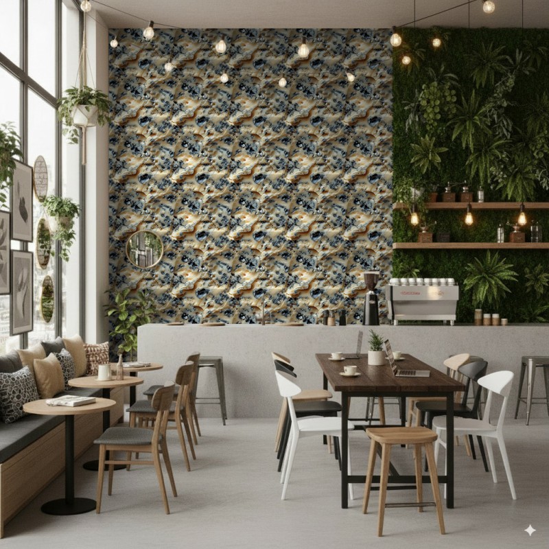 Carta da parati commerciale modello Cheese design formaggio blu toni beige e grigio