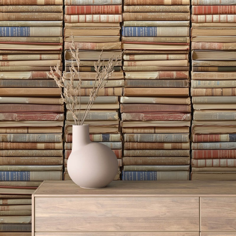 Carta da parati commerciale modello Library design libri antichi toni beige e marrone