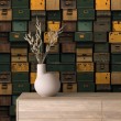 Papel pintado comercial modelo Storage diseño cajas metálicas vintage tonos verde y mostaza