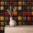 Carta da parati commerciale modello Spices design scaffali con spezie naturali toni rosso, giallo e verde