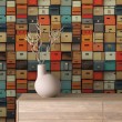 Gewerbliche Tapete Modell Storage Vintage-Aktenkisten-Design Orange-, Blau- und Beigetöne