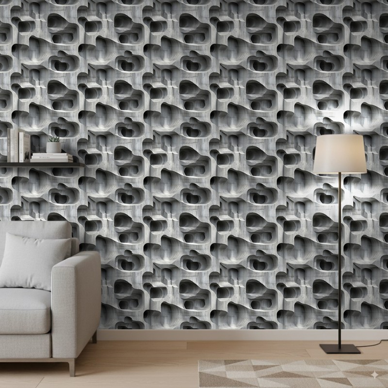 Papel pintado concrete modelo Flow diseño geométrico tridimensional gris acero