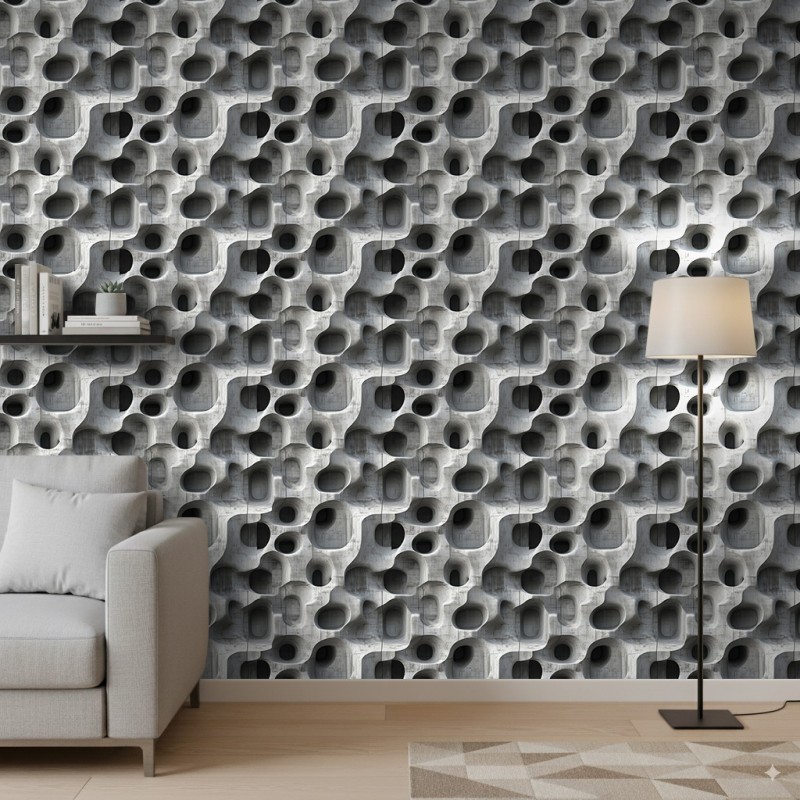 Papel pintado concrete modelo Hollow diseño geométrico tridimensional gris acero