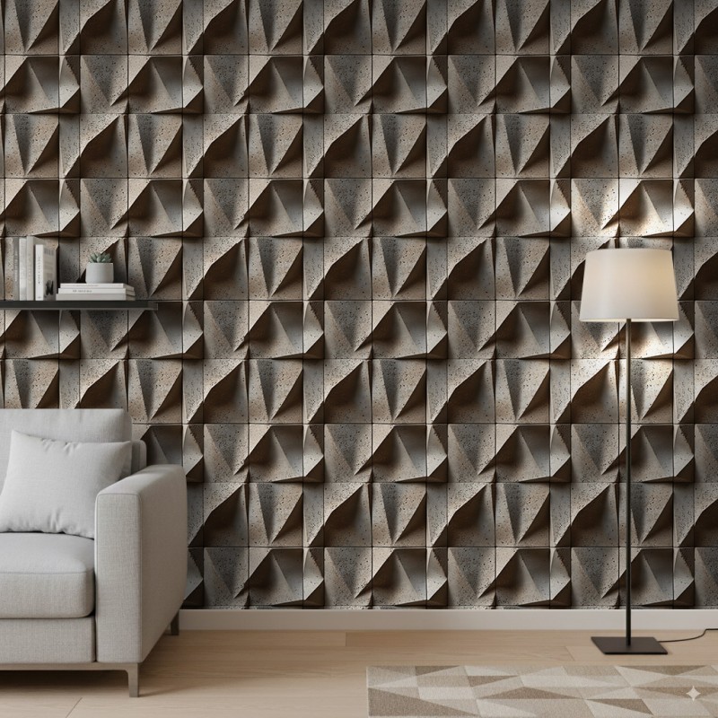 Papel pintado concrete modelo Prism diseño geométrico tridimensional beige piedra