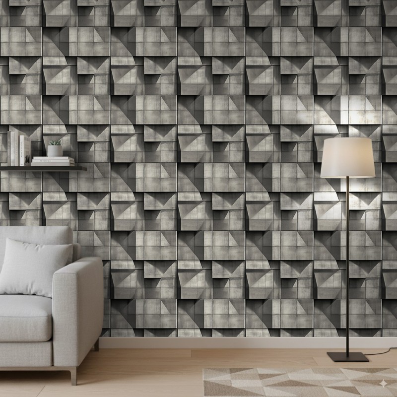 Papel pintado concrete modelo Blocks diseño geométrico tridimensional gris cemento