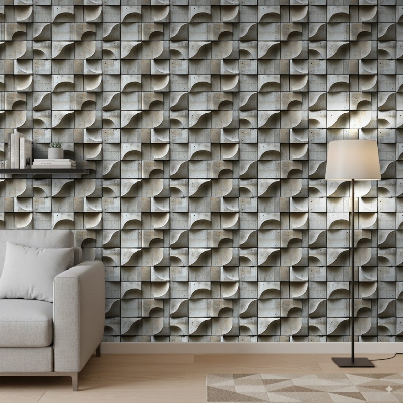 Papier peint béton modèle Wave design géométrique tridimensionnel gris ciment