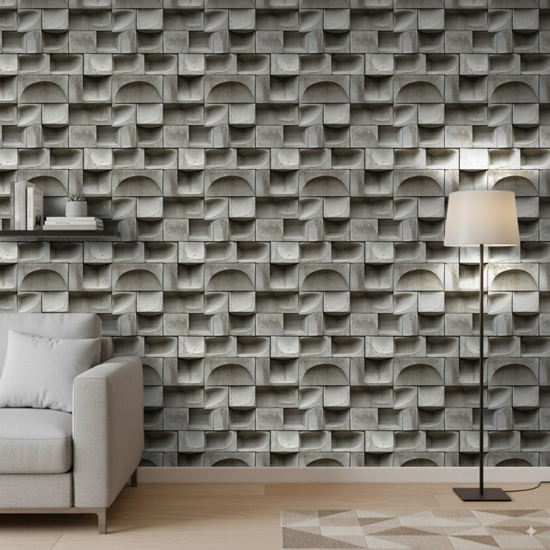 Papel pintado concrete modelo Curve diseño geométrico tridimensional gris cemento