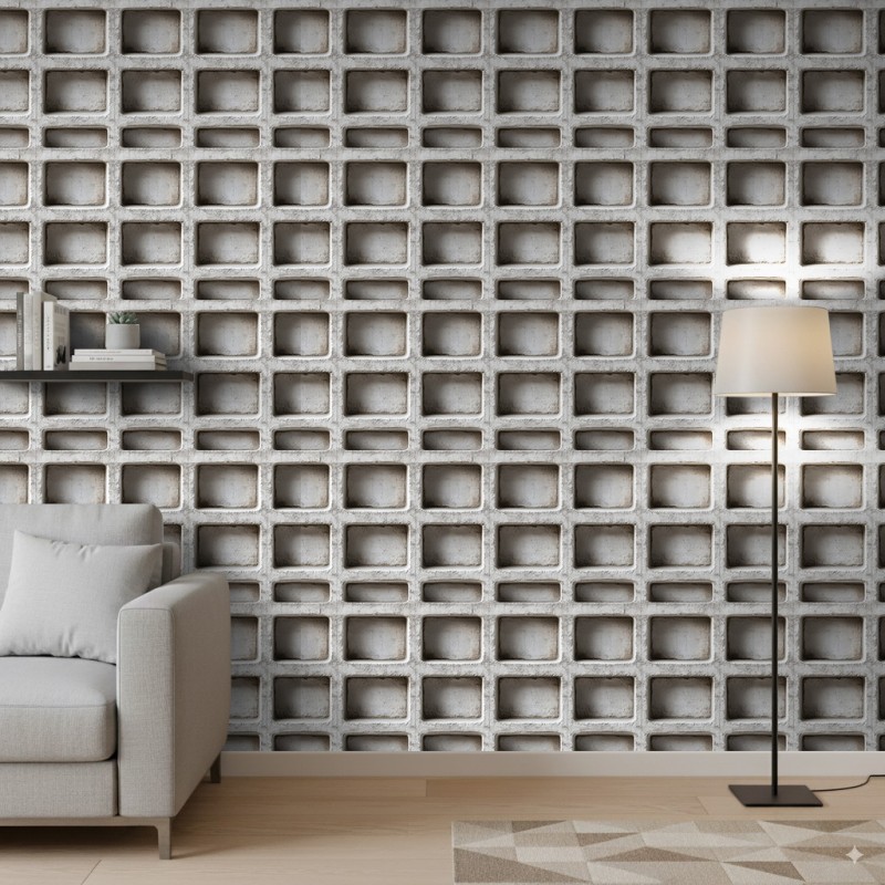 Carta da parati effetto cemento modello Rect Block design tridimensionale grigio cemento