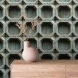 Concrete wallpaper model Octagon geometric three-dimensional design greenish cement gray
