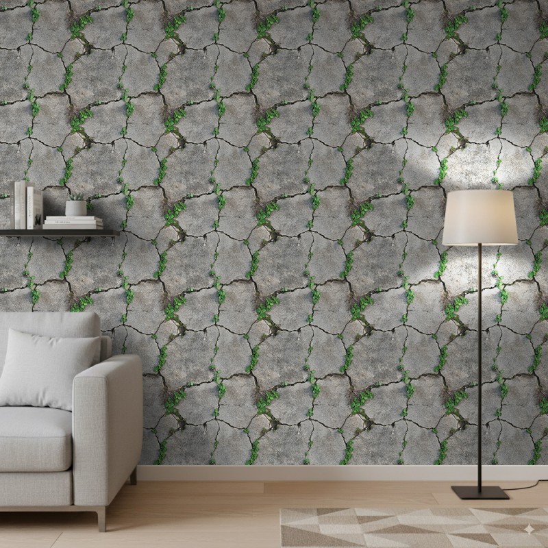 Papier peint béton modèle Green Roots design naturel avec végétation et fissures sur ciment gris
