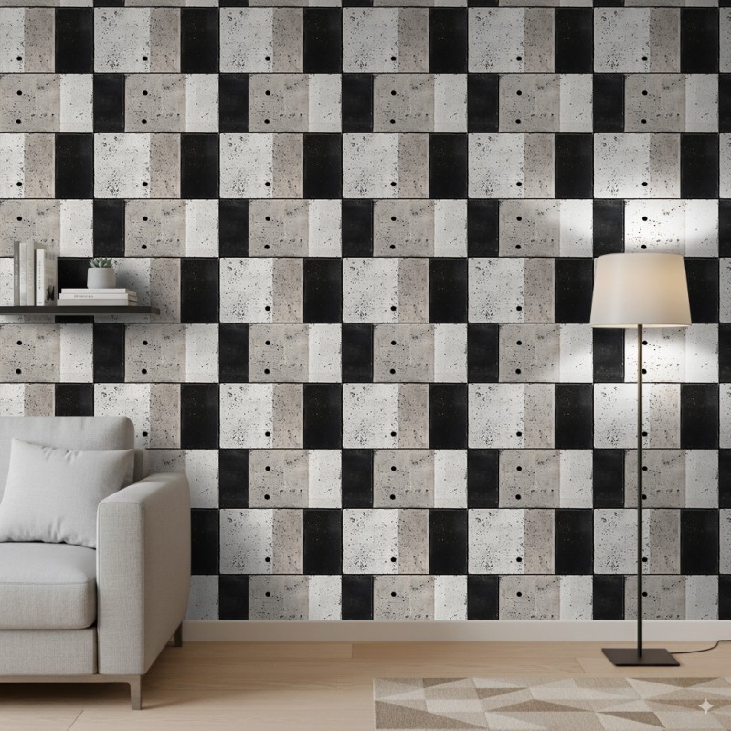 Papel pintado concrete modelo Black Blocks diseño geométrico industrial en tonos gris y negro