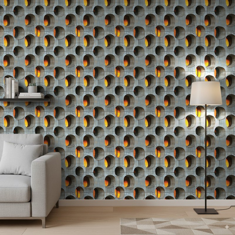 Concrete wallpaper model Sunset Circles geometric design with raised circles in gray cement and amber tones