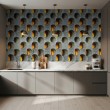 Concrete wallpaper model Sunset Circles geometric design with raised circles in gray cement and amber tones