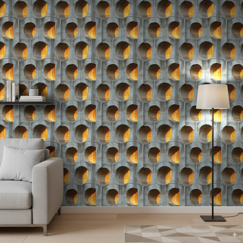 Papier peint béton modèle Golden Circles design géométrique tridimensionnel avec éclairage jaune