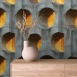 Papier peint béton modèle Golden Circles design géométrique tridimensionnel avec éclairage jaune