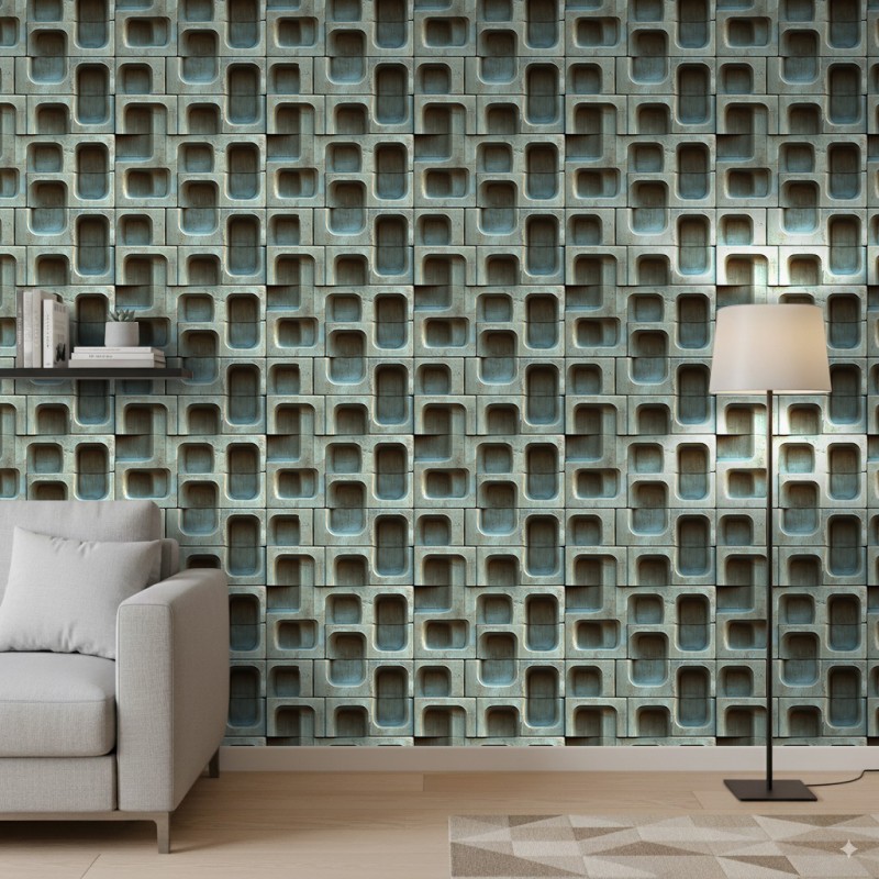 Papel pintado concrete modelo Turquoise Blocks diseño geométrico tridimensional en tonos turquesa y gris cemento
