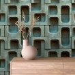 Papel pintado concrete modelo Turquoise Blocks diseño geométrico tridimensional en tonos turquesa y gris cemento