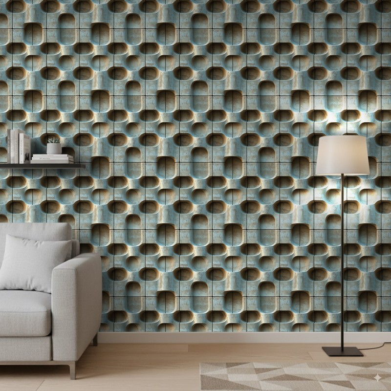 Carta da parati effetto cemento modello Turquoise Waves design geometrico tridimensionale nei toni turchese e beige cemento