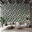 Concrete wallpaper model Turquoise Waves 3D geometric design in turquoise and beige cement tones