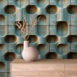 Concrete wallpaper model Turquoise Waves 3D geometric design in turquoise and beige cement tones