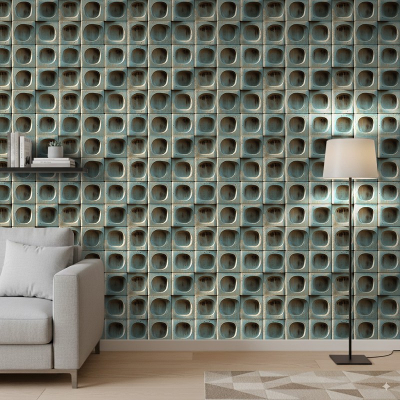 Papel pintado concrete modelo Turquoise Blocks diseño geométrico tridimensional en tonos beige cemento y turquesa