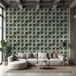 Concrete wallpaper model Turquoise Blocks 3D geometric design in beige cement and turquoise tones