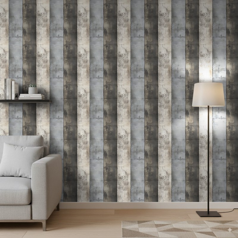 Carta da parati effetto cemento modello Striped Cement design a strisce verticali nei toni del cemento grigio invecchiato