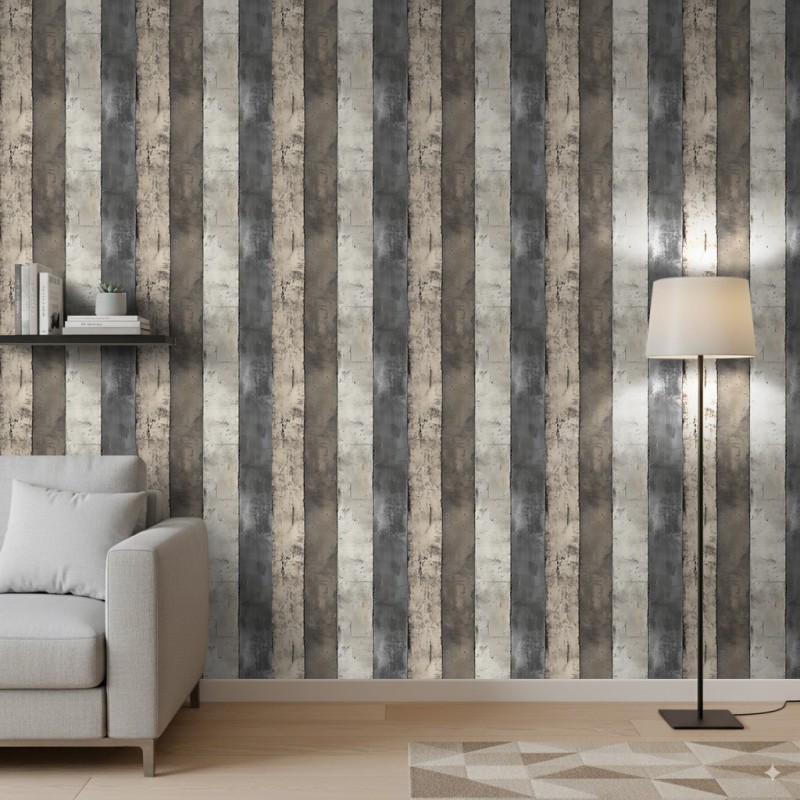Papel pintado concrete modelo Aged Stripes diseño de franjas verticales en tonos gris y beige cemento envejecido