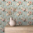 Papel pintado floral diseño vintage rosas rosa azul celeste