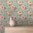 Papier peint floral motif romantique pivoines rose vert turquoise
