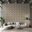 Floral wallpaper vintage design orange peonies petrol blue background