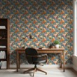 Floral wallpaper vintage design orange peonies petrol blue background