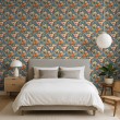 Floral wallpaper vintage design orange peonies petrol blue background