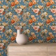 Floral wallpaper vintage design orange peonies petrol blue background