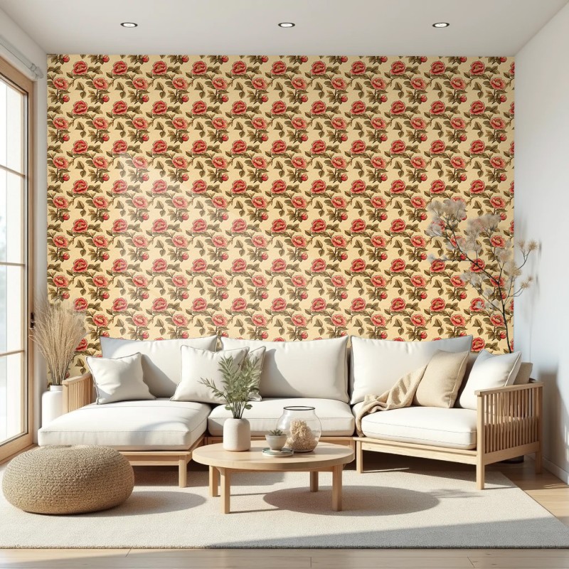Florale Tapete Retro-Design rote Kamelien beiger Hintergrund