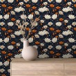 Papel pintado floral diseño moderno margaritas blanco y naranja fondo negro