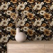 Florale Tapete elegantes Design beige und goldene Blumen schwarzer Hintergrund