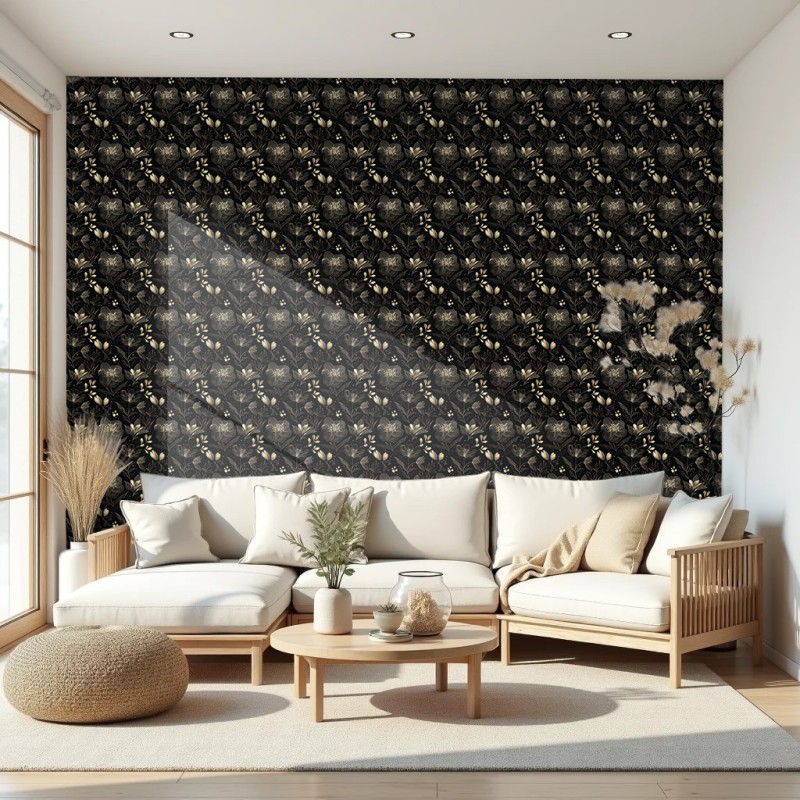 Papel pintado floral diseño elegante flores oro fondo negro