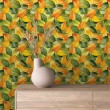 Papier peint floral motif botanique feuilles vertes et orange