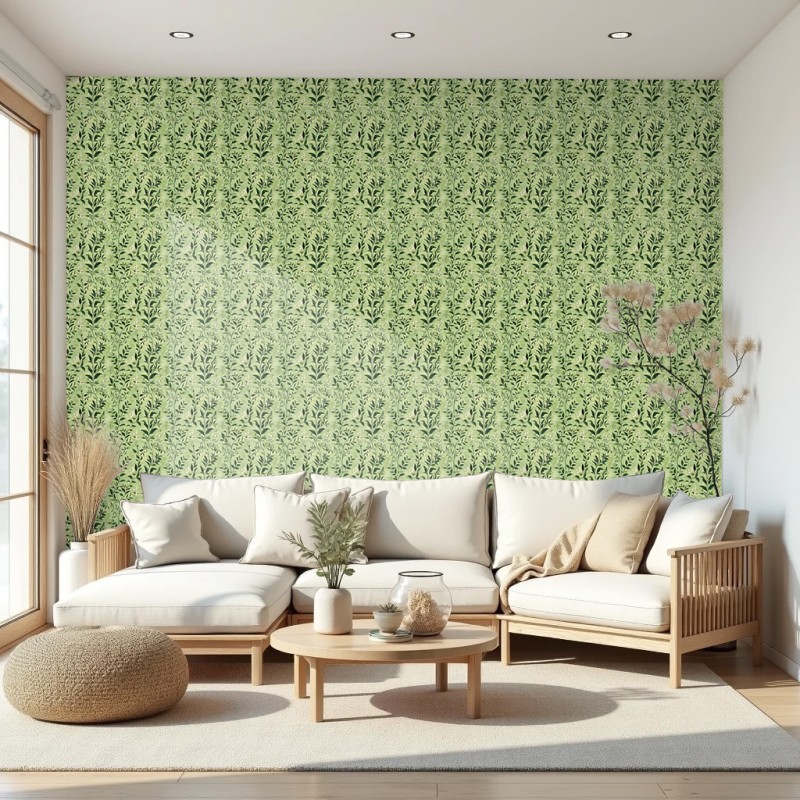 Papel pintado floral diseño botánico hojas verdes fondo verde claro