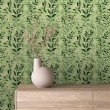Carta da parati floreale design botanico foglie verdi sfondo verde chiaro