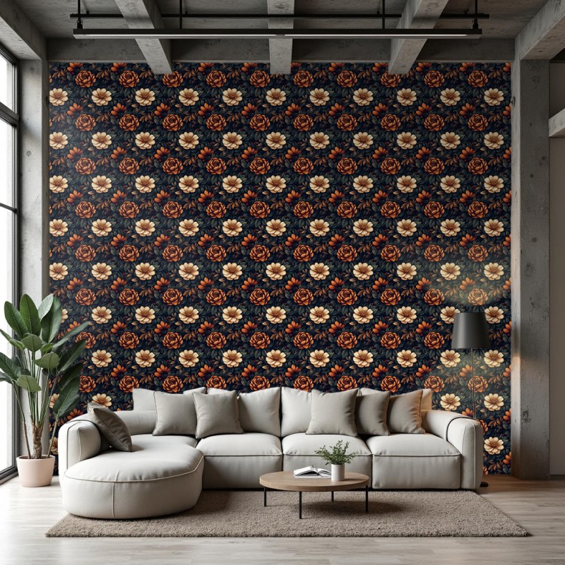 Carta da parati floreale design elegante fiori beige e arancioni sfondo nero