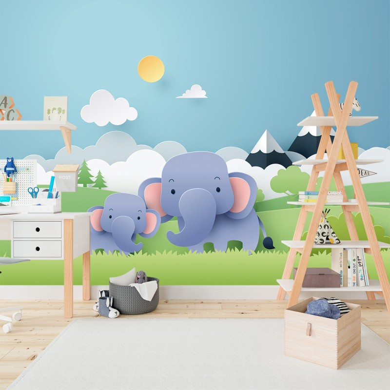 Fotomural Infantil Cielo Azul y Trompas Felices