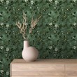 Floral wallpaper botanical design branches with flowers dark green background